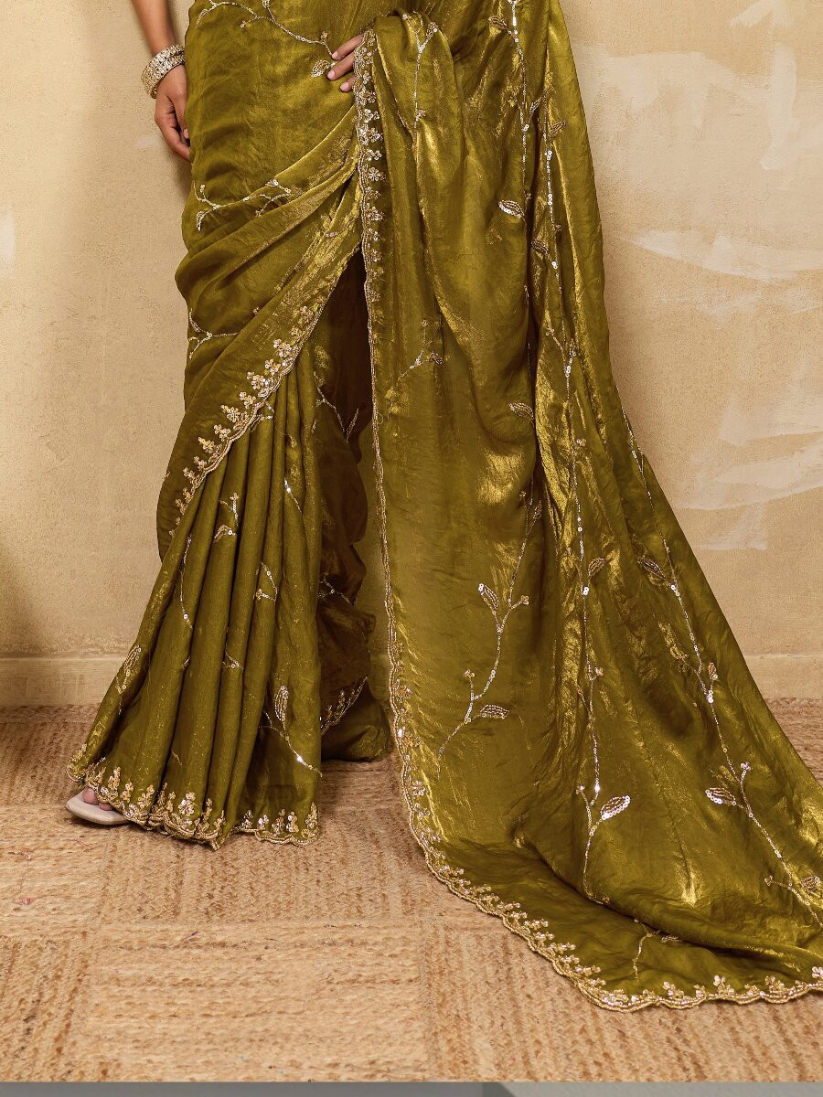 Mehendi Velvet Satin Sequins Wedding Reception Festival Party Heavy Border Sarees