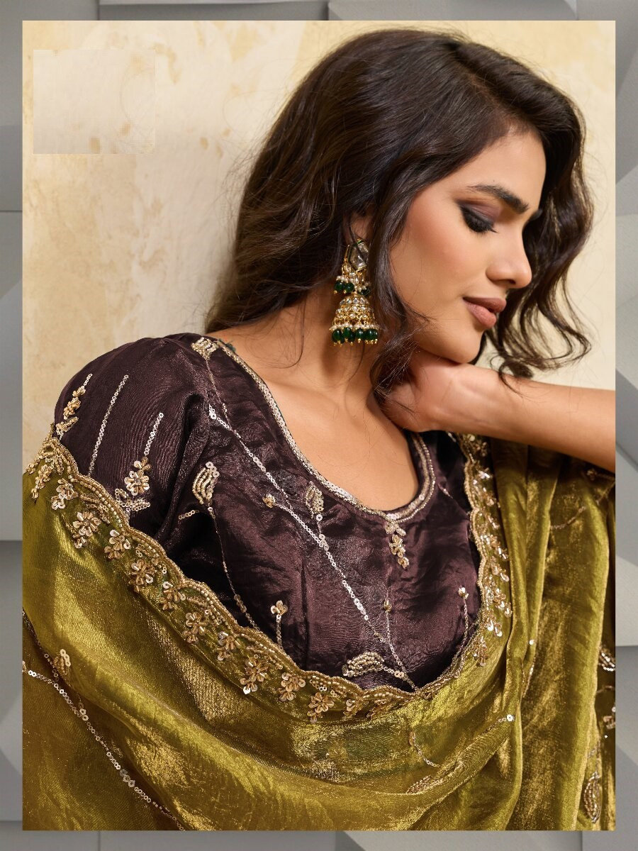 Mehendi Velvet Satin Sequins Wedding Reception Festival Party Heavy Border Sarees