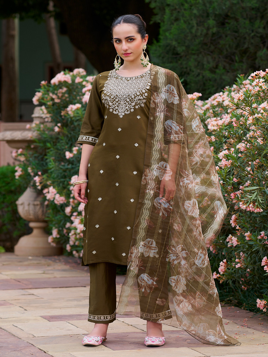 Mehendi Viscose Rayon Embroidery Sequins Wedding Party Festival Casual Ready Pant Salwar Kameez