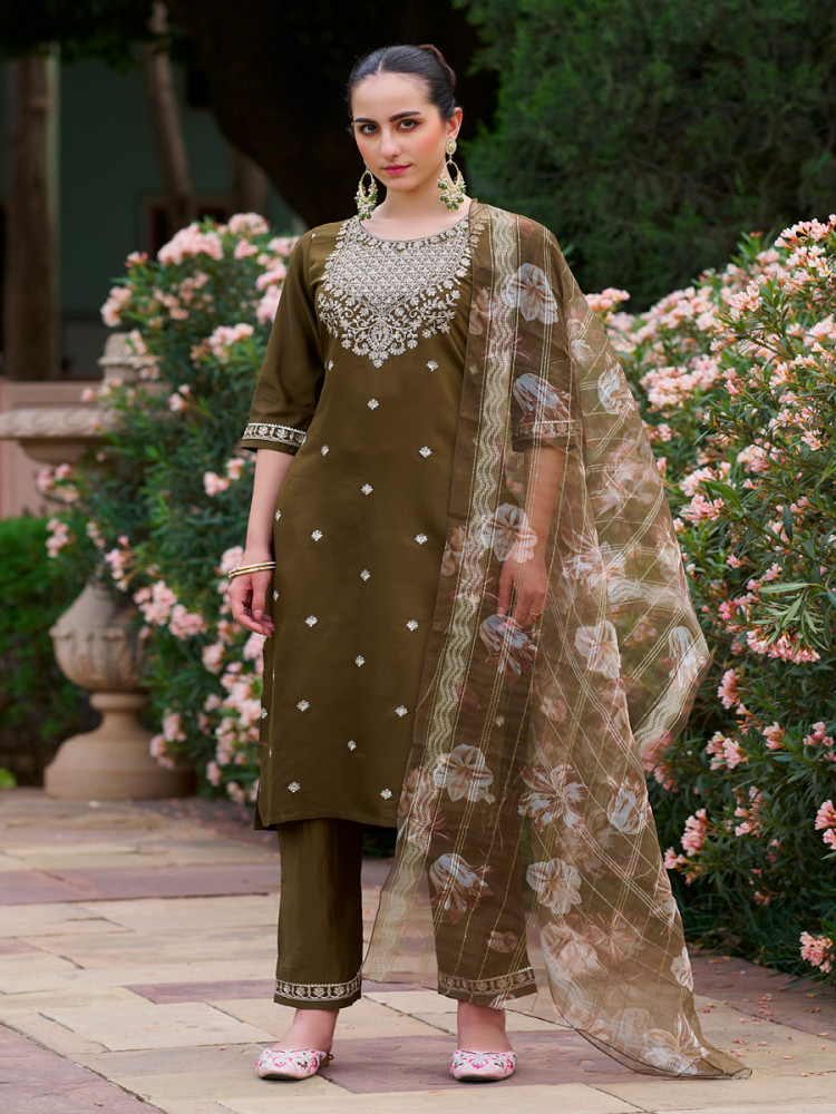 Image of Mehendi Viscose Rayon Embroidery Sequins Wedding Party Festival Casual Ready Pant Salwar Kameez