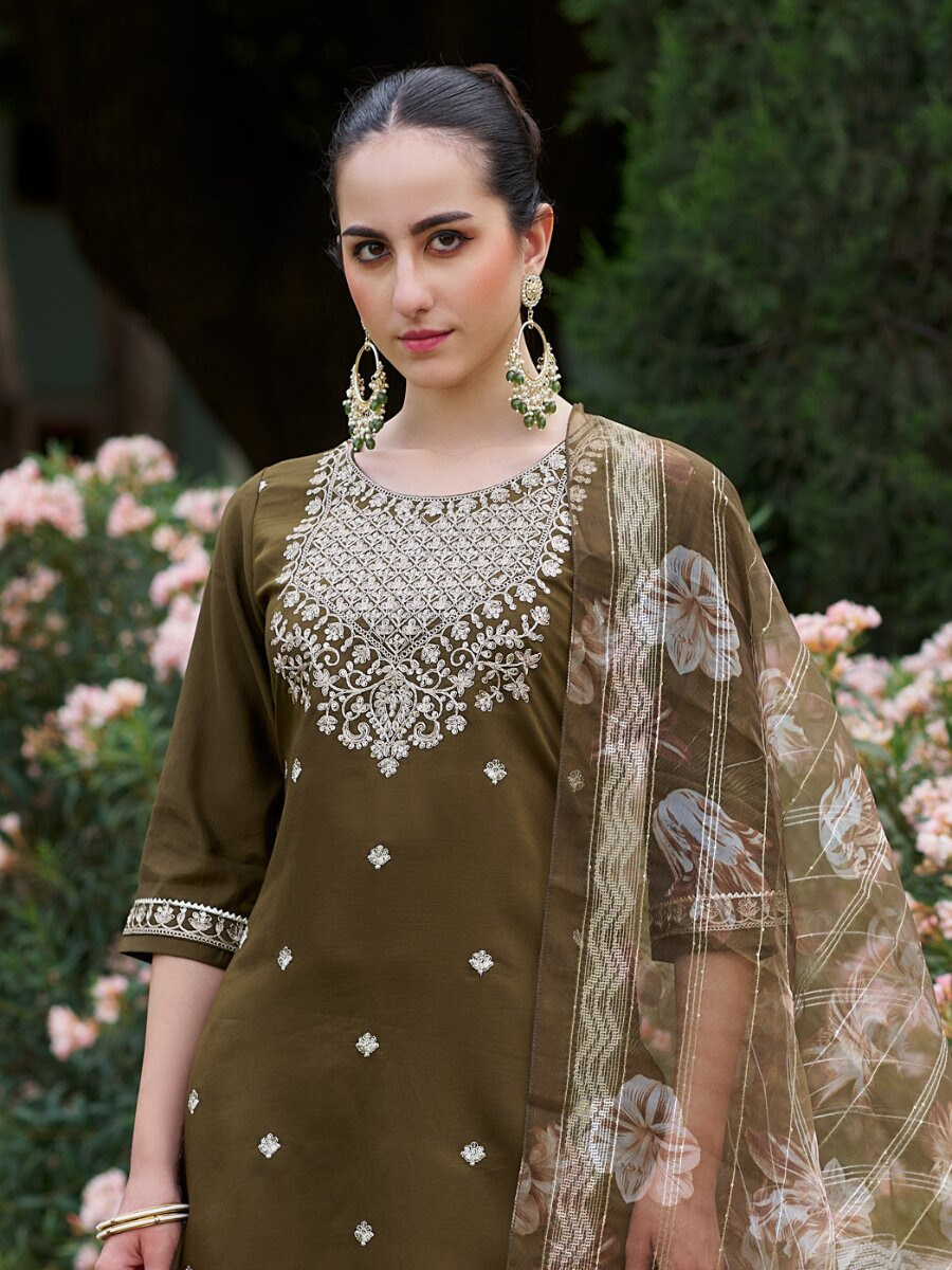 Mehendi Viscose Rayon Embroidery Sequins Wedding Party Festival Casual Ready Pant Salwar Kameez