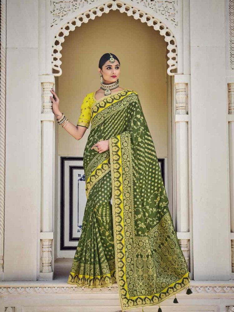 Mehndi Green Banarasi Silk Traditional Wedding Haldi Heavy Border Saree