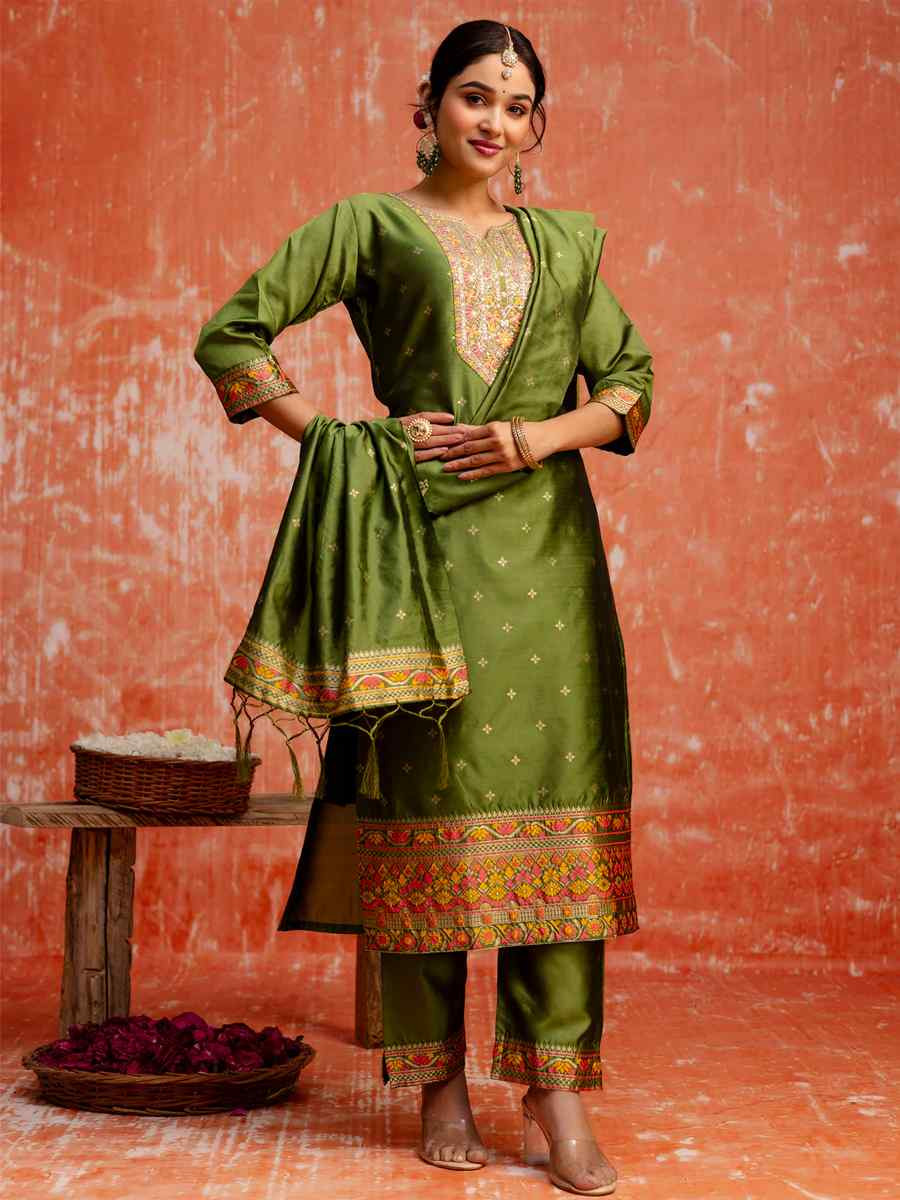 Mehndi Green Cotton Silk Embroidered Festival Casual Ready Pant Salwar Kameez