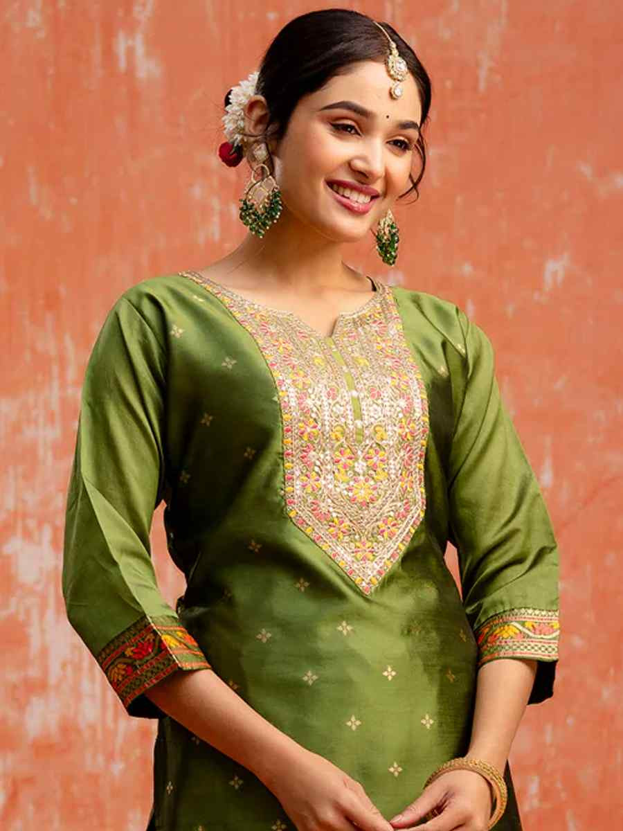 Mehndi Green Cotton Silk Embroidered Festival Casual Ready Pant Salwar Kameez