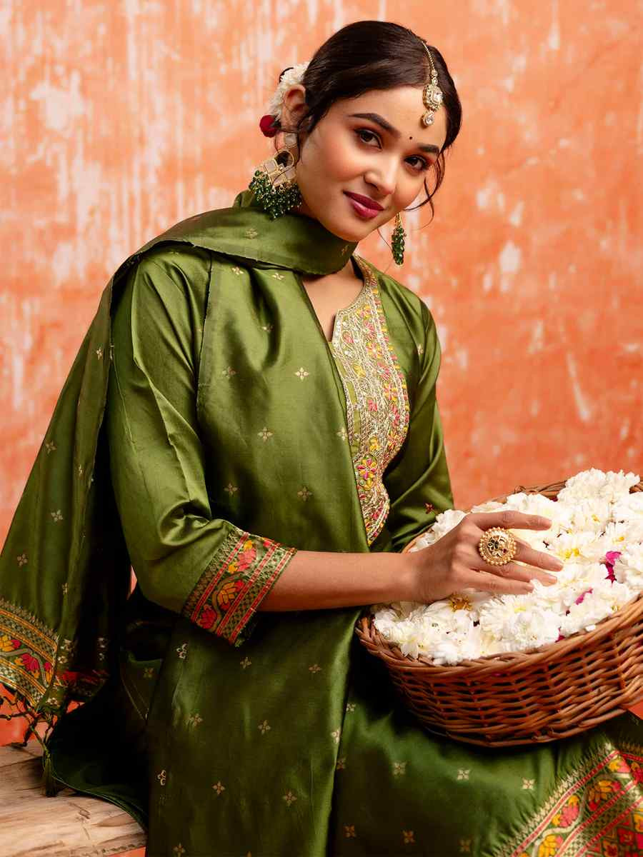 Mehndi Green Cotton Silk Embroidered Festival Casual Ready Pant Salwar Kameez