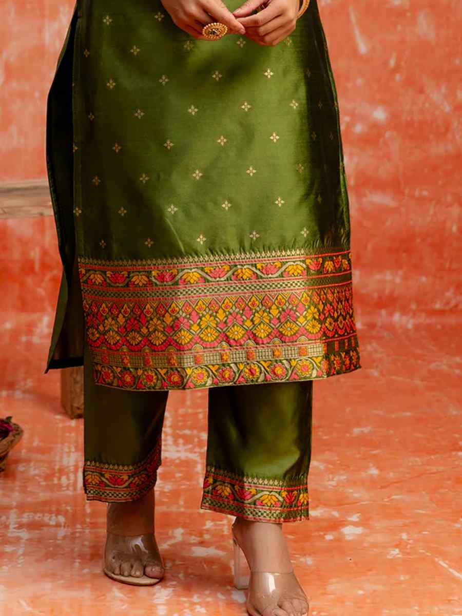 Mehndi Green Cotton Silk Embroidered Festival Casual Ready Pant Salwar Kameez