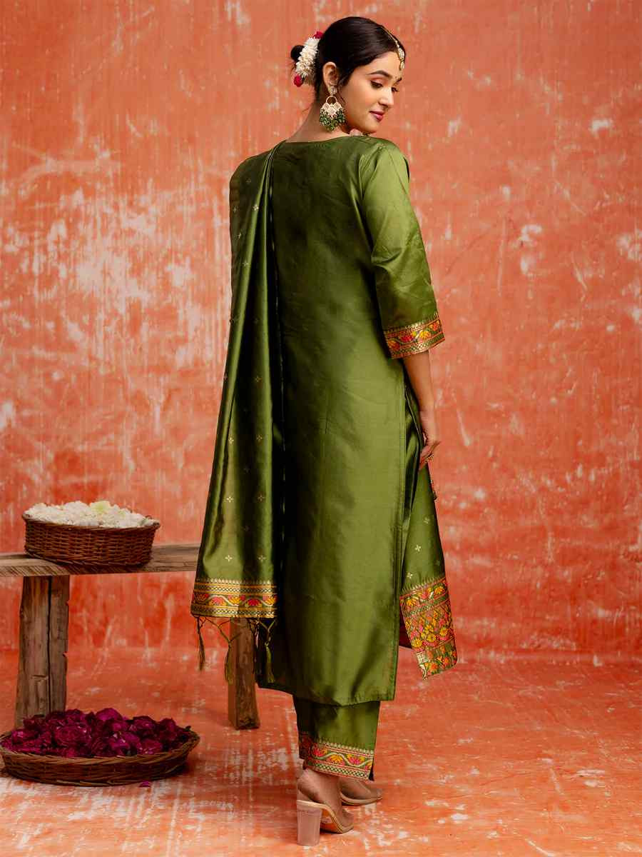 Mehndi Green Cotton Silk Embroidered Festival Casual Ready Pant Salwar Kameez