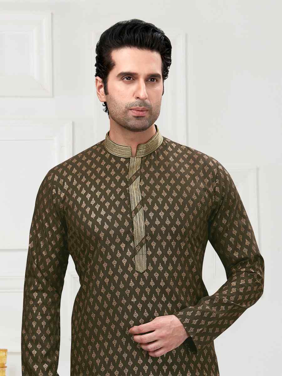 Mehndi Green Cotton Woven Festival Wedding Kurta