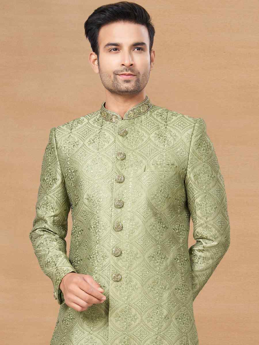 Mehndi Green Lucknowie Woven Festival Wedding Sherwani