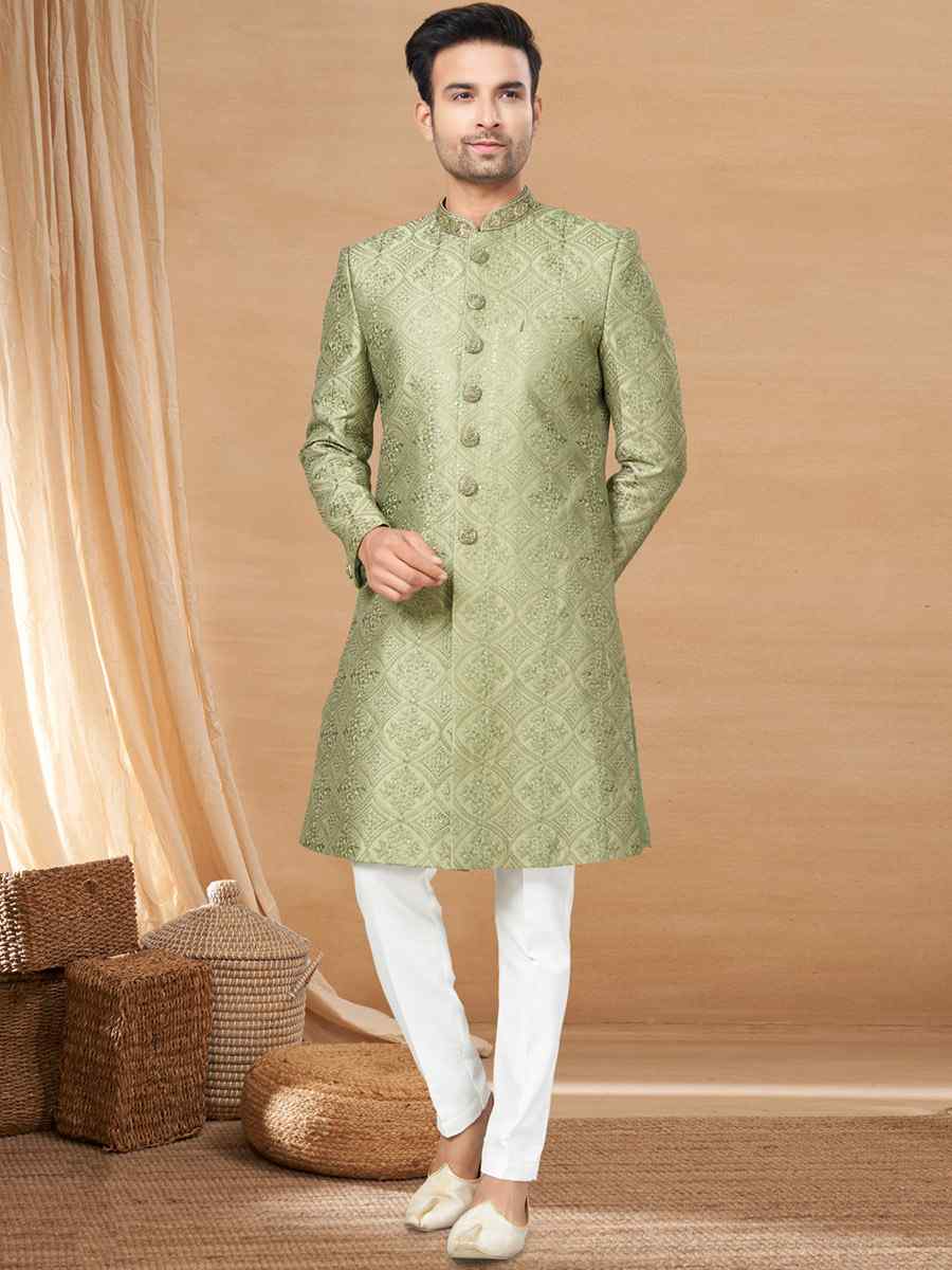 Mehndi Green Lucknowie Woven Festival Wedding Sherwani