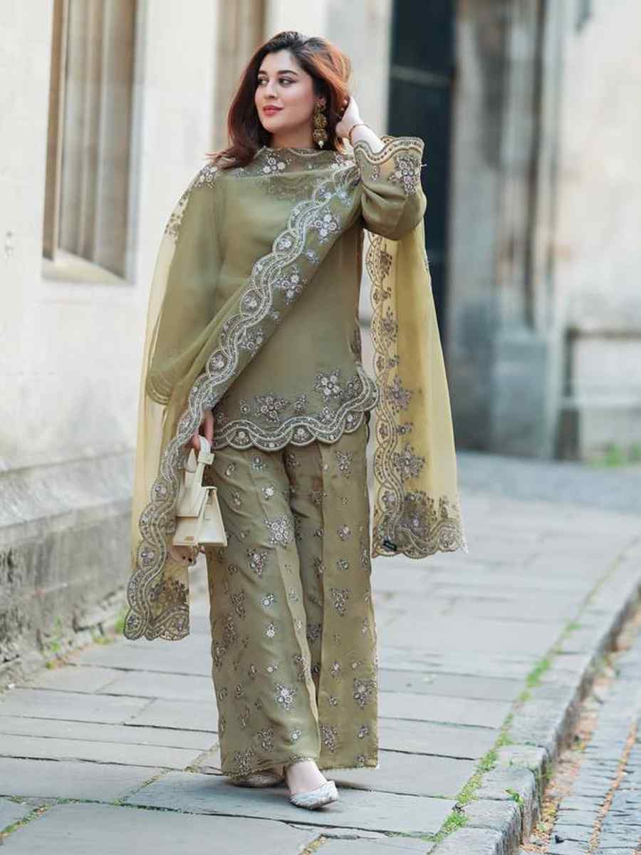 Mehndi Green Nature Crepe Silk Embroidered Festival Mehendi Ready Palazzo Pant Salwar Kameez