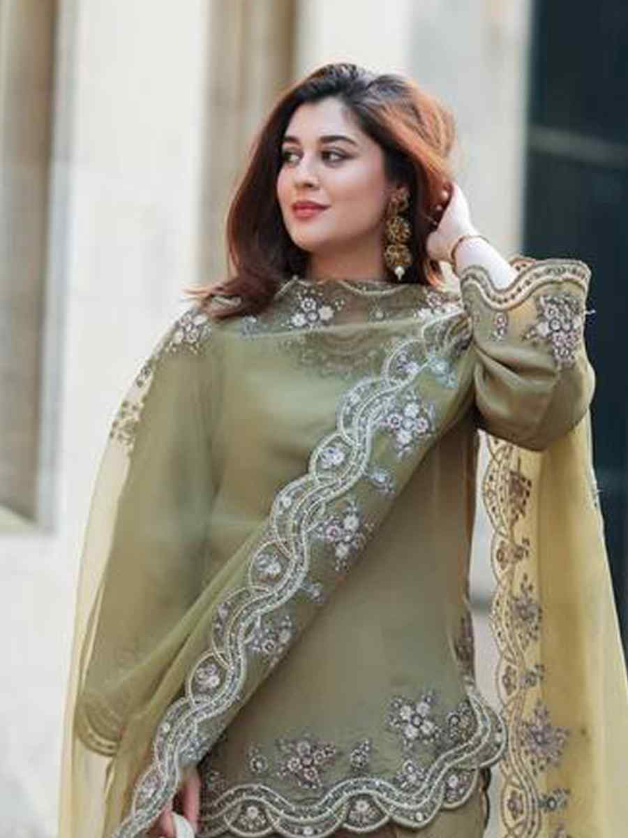 Mehndi Green Nature Crepe Silk Embroidered Festival Mehendi Ready Palazzo Pant Salwar Kameez