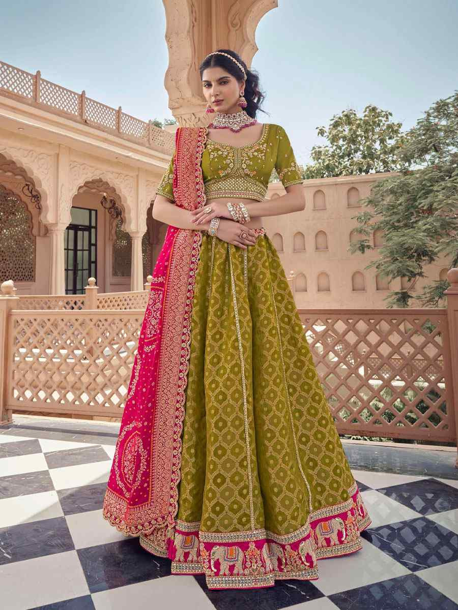 Mehndi Green Tissue Silk Embroidered Festival Wedding Party Reception Heavy Border Lehenga Choli