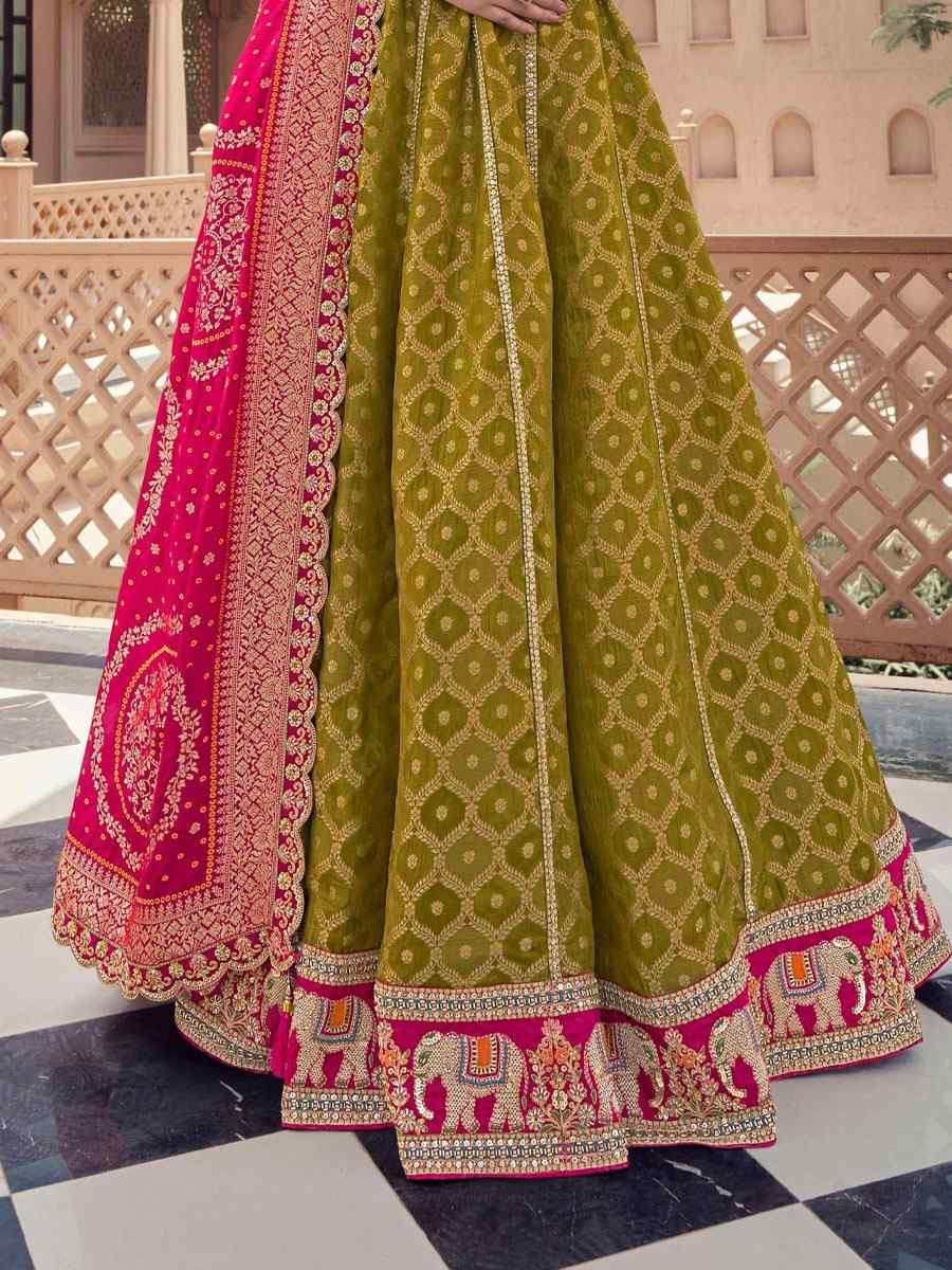 Mehndi Green Tissue Silk Embroidered Festival Wedding Party Reception Heavy Border Lehenga Choli