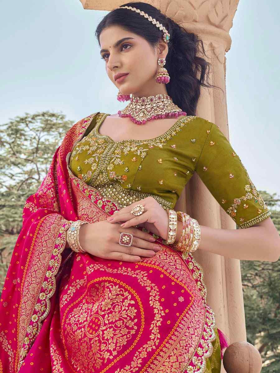 Mehndi Green Tissue Silk Embroidered Festival Wedding Party Reception Heavy Border Lehenga Choli