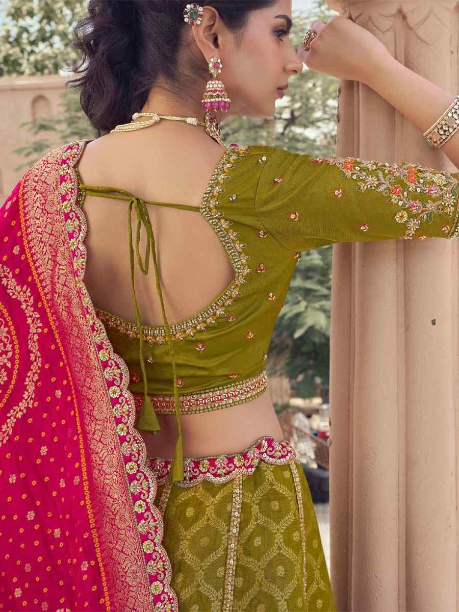 Mehndi Green Tissue Silk Embroidered Festival Wedding Party Reception Heavy Border Lehenga Choli