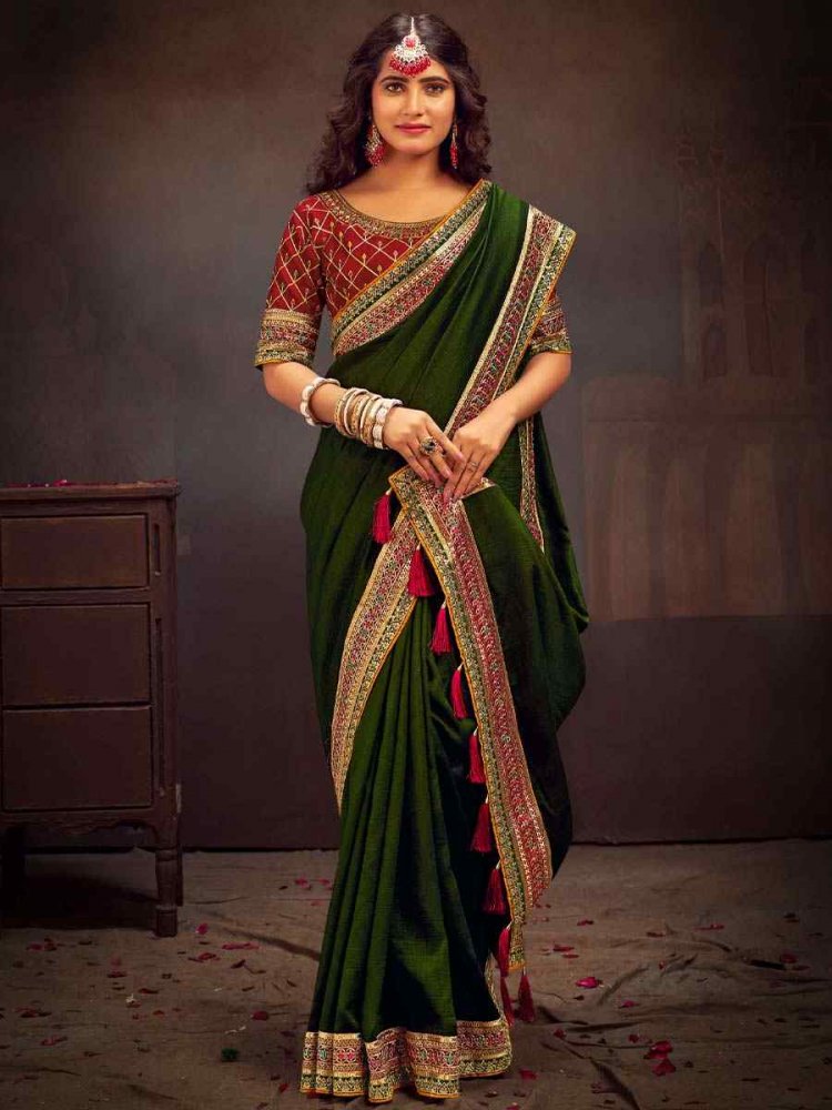 Mehndi Green Vichitra Silk Embroidered Bridesmaid Reception Heavy Border Saree