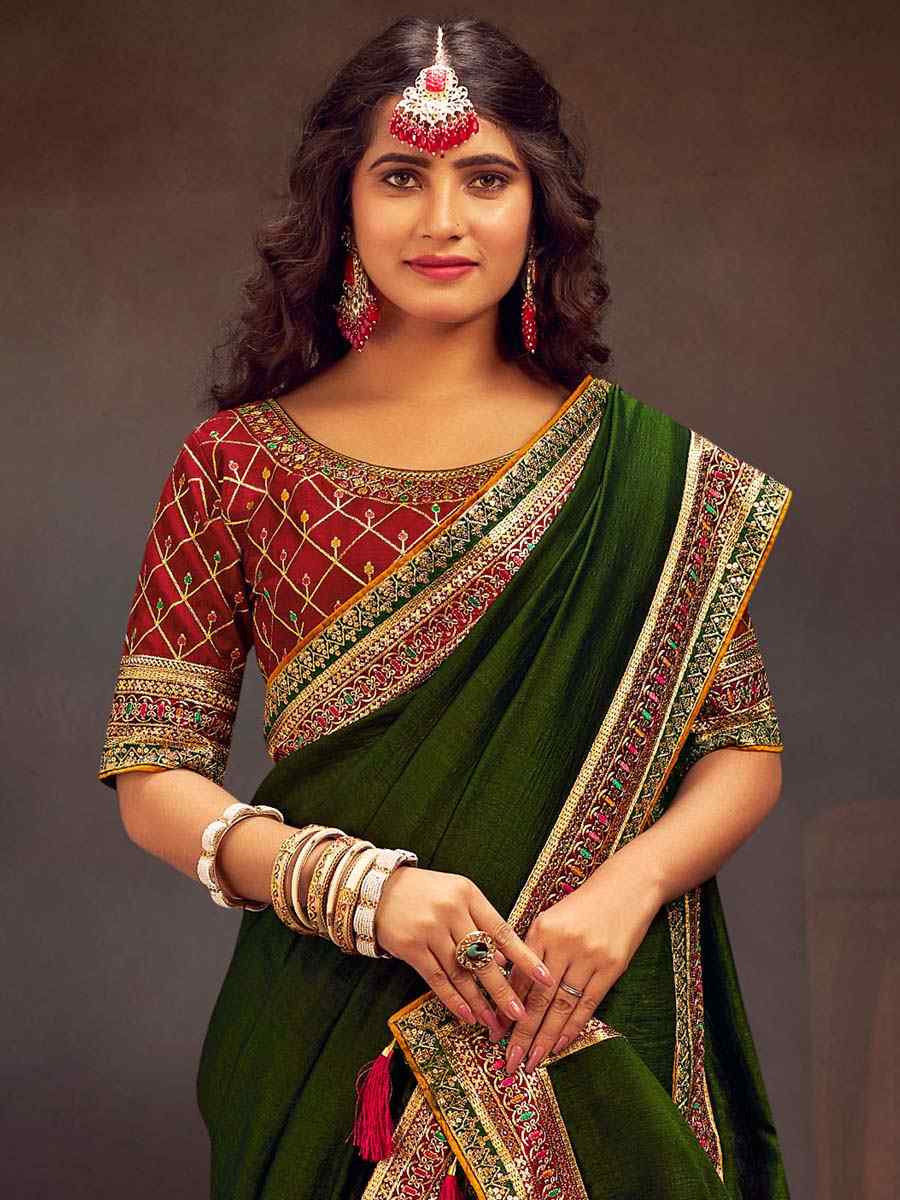 Mehndi Green Vichitra Silk Embroidered Bridesmaid Reception Heavy Border Saree