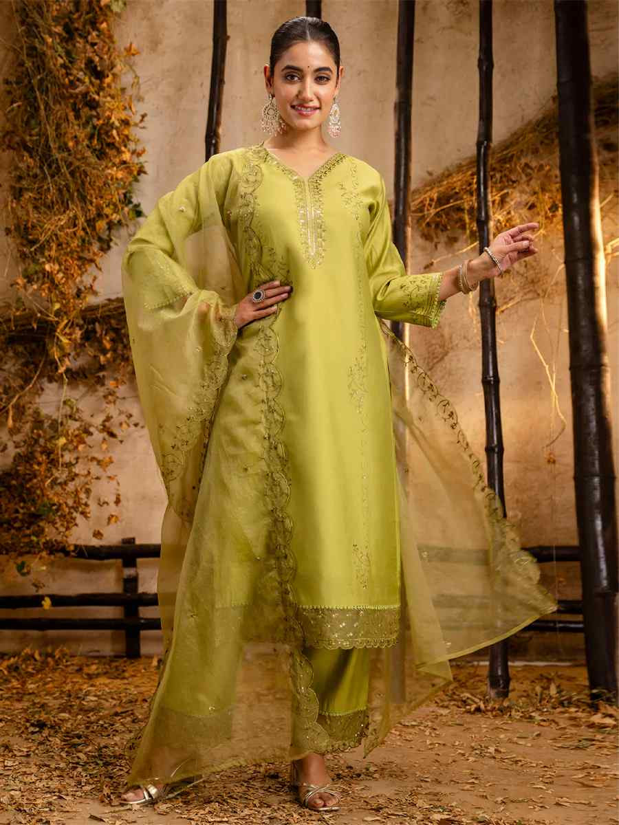 Mehndi Green Viscose Roman Silk Embroidered Festival Casual Ready Pant Salwar Kameez