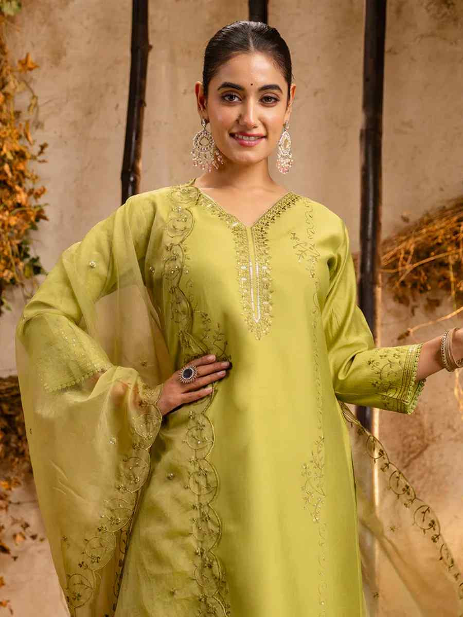 Mehndi Green Viscose Roman Silk Embroidered Festival Casual Ready Pant Salwar Kameez
