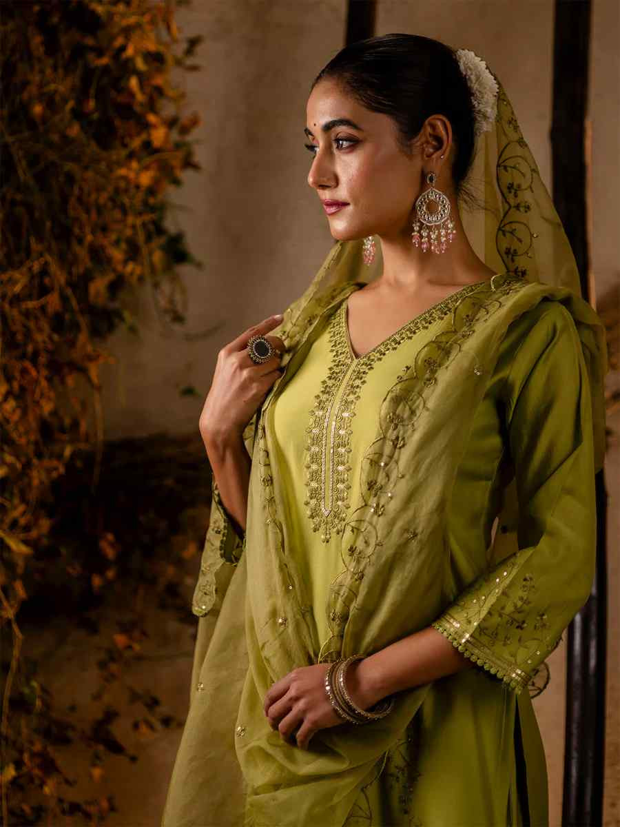 Mehndi Green Viscose Roman Silk Embroidered Festival Casual Ready Pant Salwar Kameez