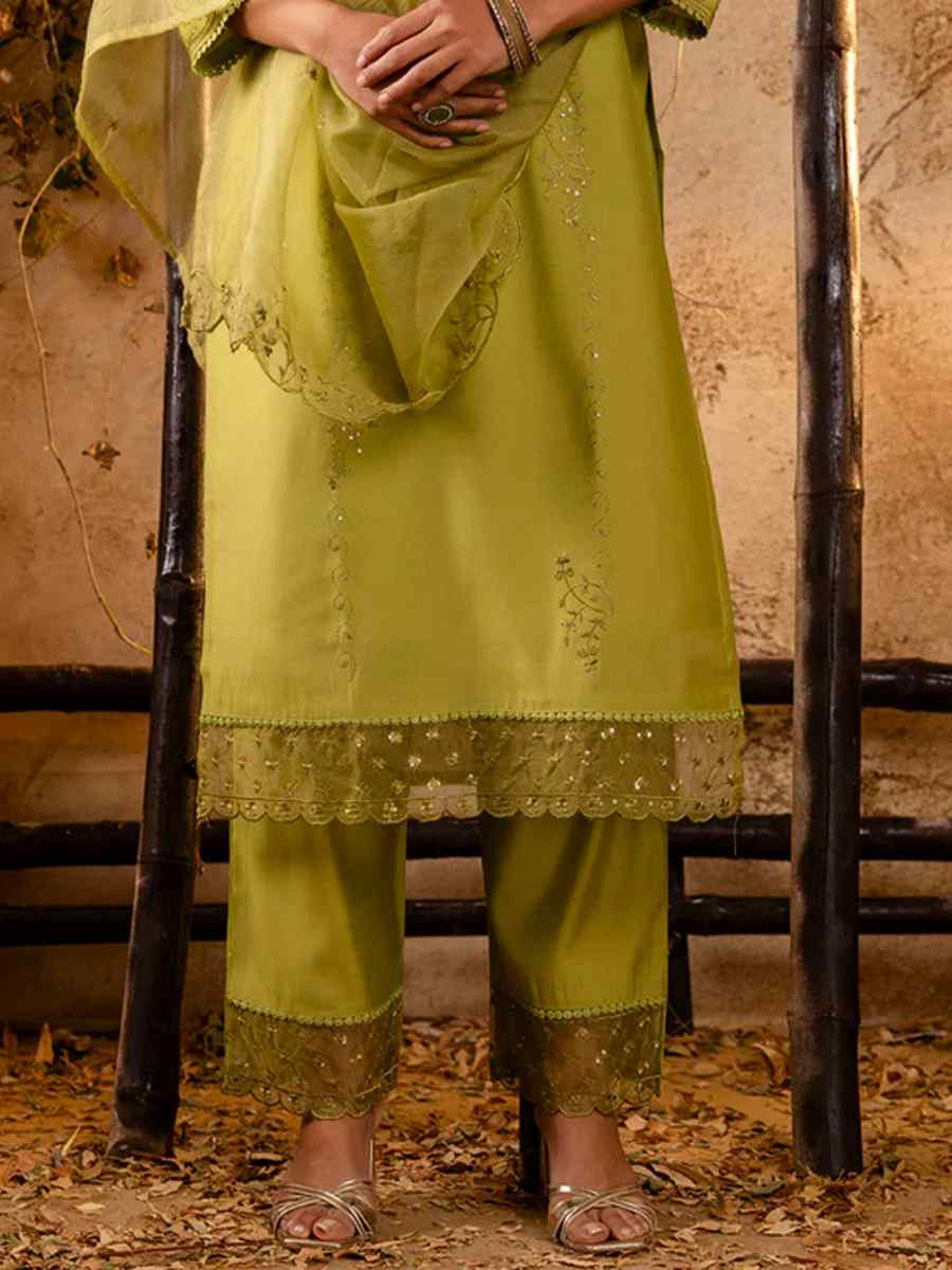 Mehndi Green Viscose Roman Silk Embroidered Festival Casual Ready Pant Salwar Kameez