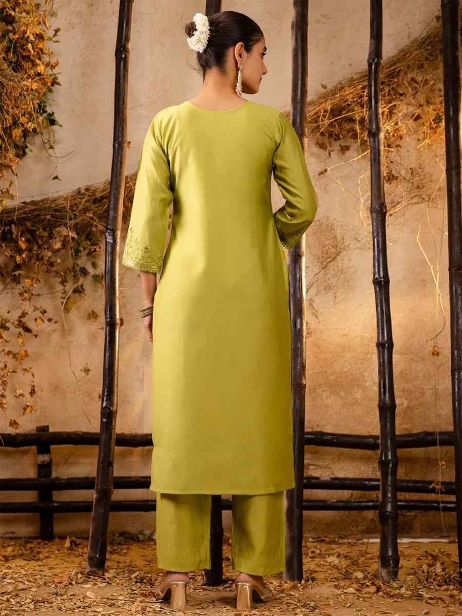 Mehndi Green Viscose Roman Silk Embroidered Festival Casual Ready Pant Salwar Kameez