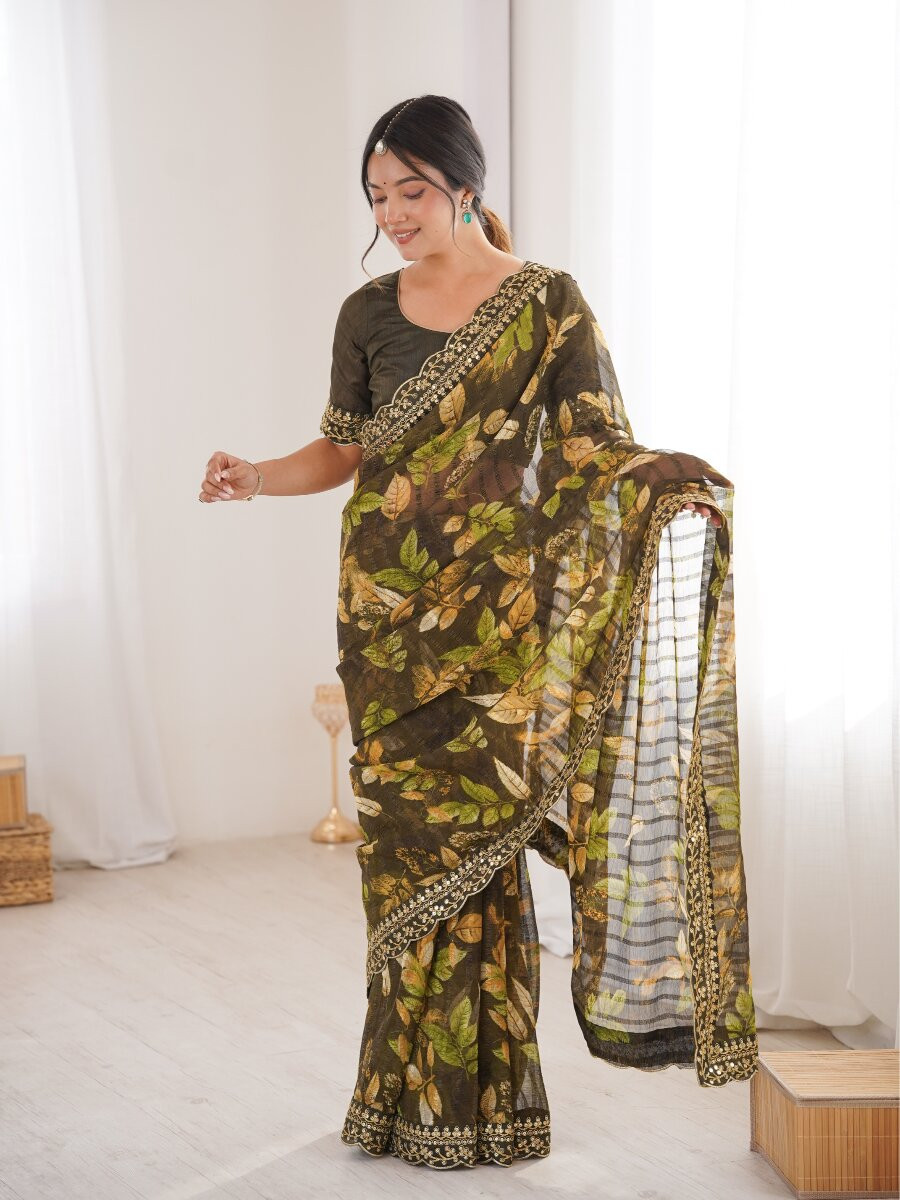 Mehndi Premium Georgette Chiffon Embroidery Sequins Flower Printed Wedding Reception Party Festival Casual Heavy Border Sarees