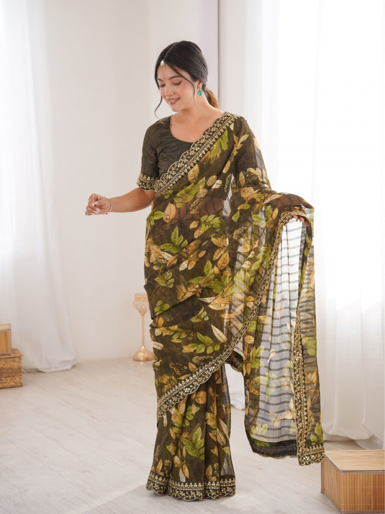 Image of Mehndi Premium Georgette Chiffon Embroidery Sequins Flower Printed Wedding Reception Party Festival Casual Heavy Border Sarees