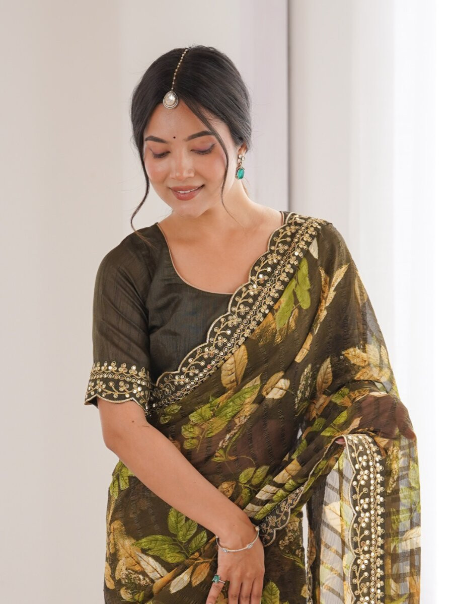 Mehndi Premium Georgette Chiffon Embroidery Sequins Flower Printed Wedding Reception Party Festival Casual Heavy Border Sarees