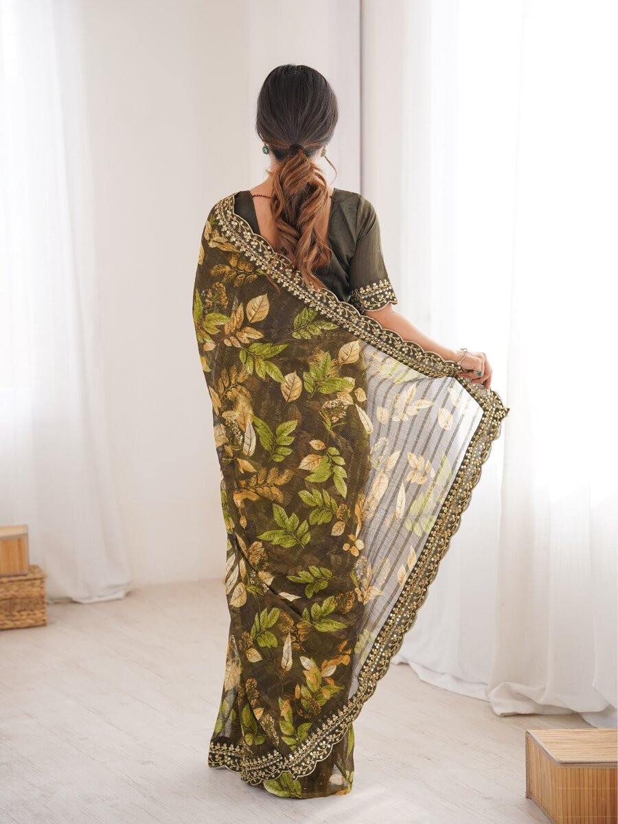 Mehndi Premium Georgette Chiffon Embroidery Sequins Flower Printed Wedding Reception Party Festival Casual Heavy Border Sarees