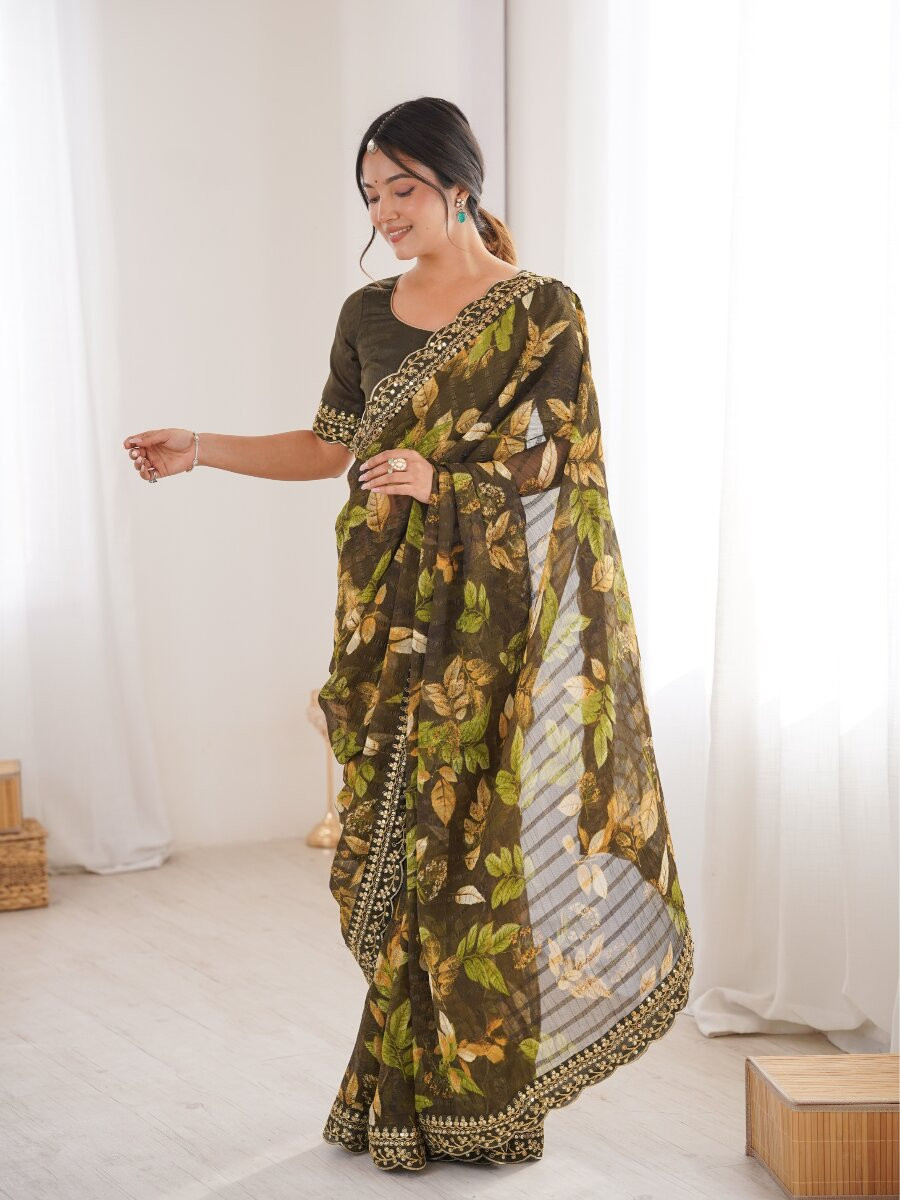 Mehndi Premium Georgette Chiffon Embroidery Sequins Flower Printed Wedding Reception Party Festival Casual Heavy Border Sarees