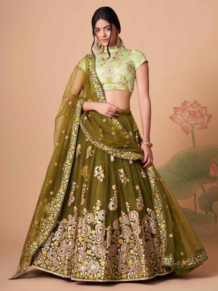 Mehndi Soft Net Embroidered Reception Festival Heavy Border Lehenga Choli