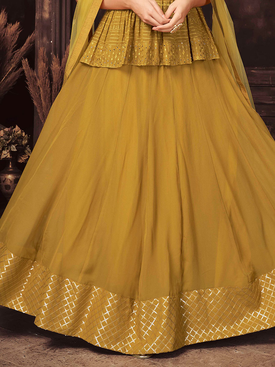 Metallic Gold Yellow Faux Georgette Embroidered Party Lehenga