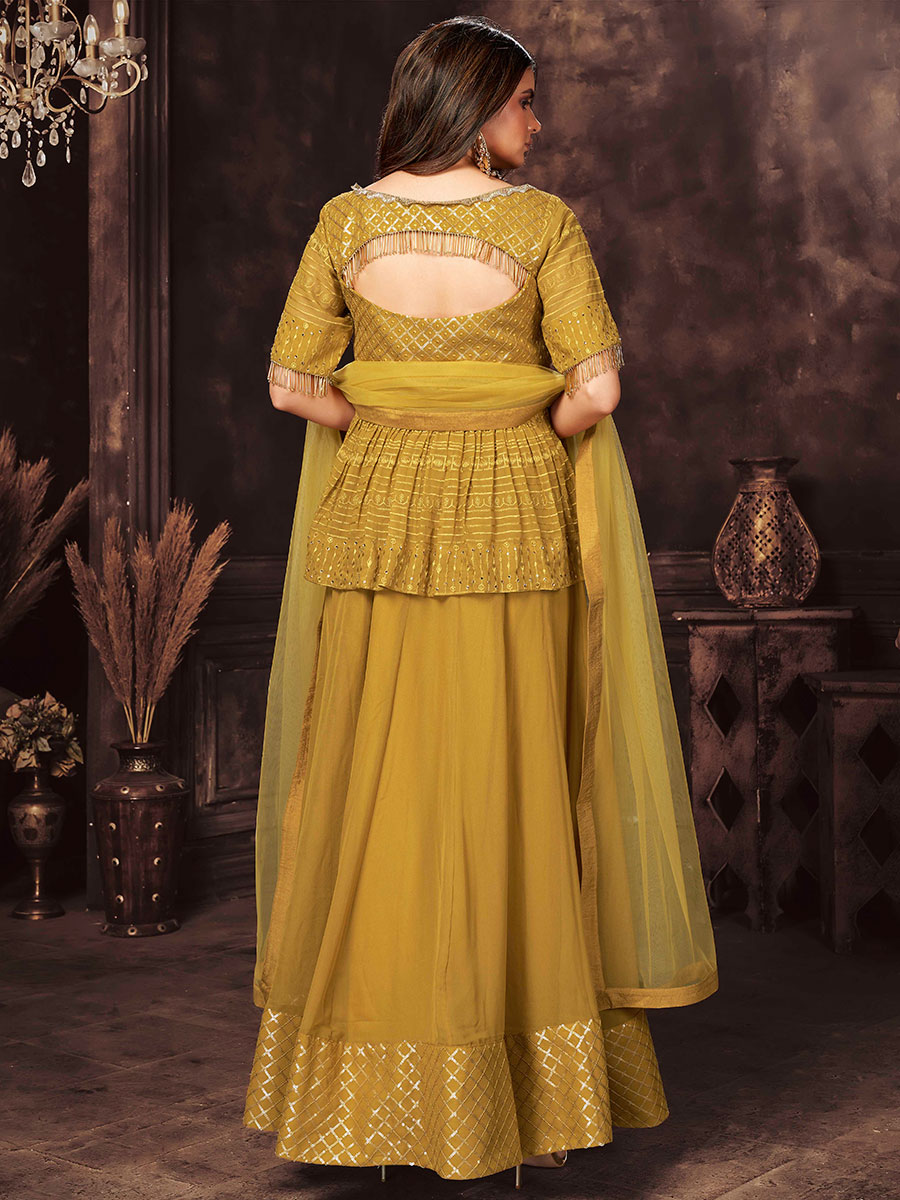 Metallic Gold Yellow Faux Georgette Embroidered Party Lehenga