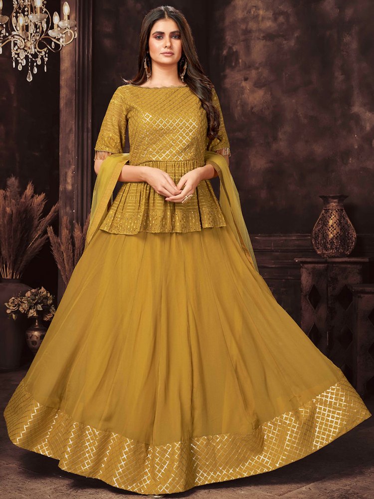 Metallic Gold Yellow Faux Georgette Embroidered Party Lehenga