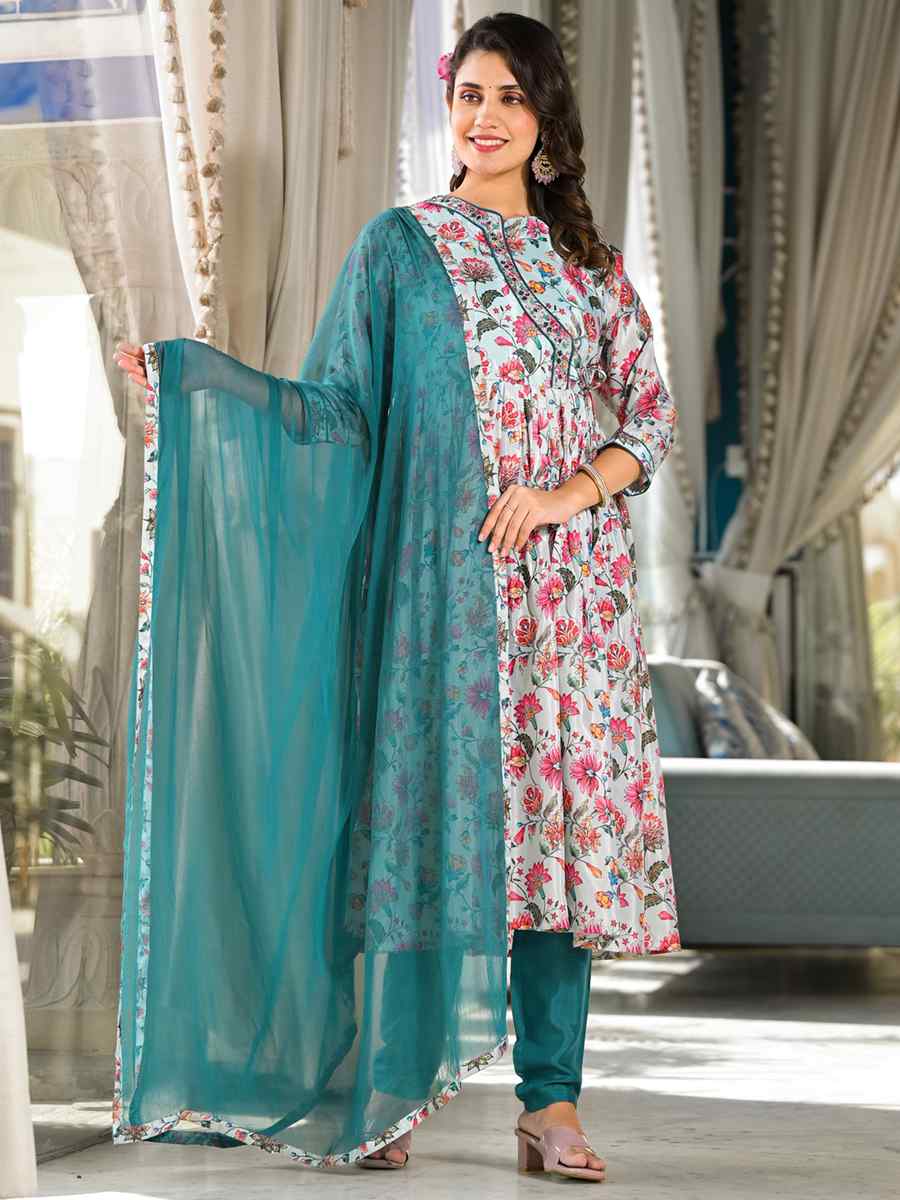 Mid Night Blue Rubi Silk Printed Festival Mehendi Ready Anarkali Salwar Kameez