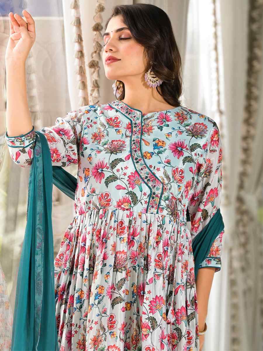 Mid Night Blue Rubi Silk Printed Festival Mehendi Ready Anarkali Salwar Kameez