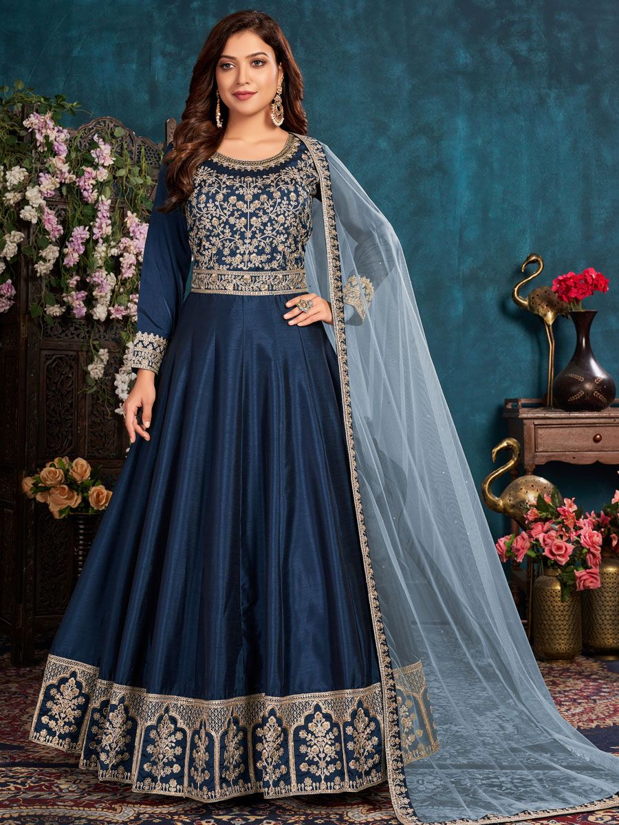 Midnight Blue Art Silk Embroidered Party And Wedding Lawn Kameez
