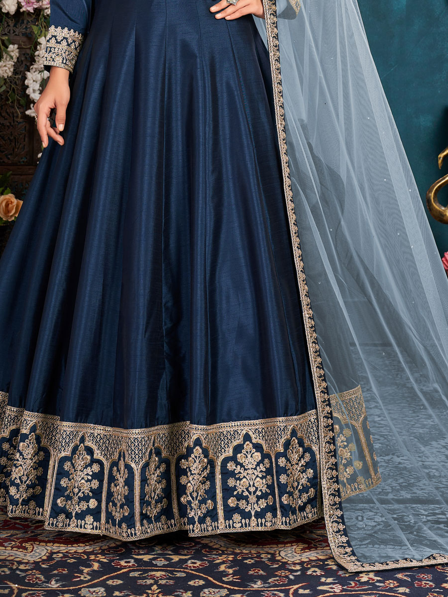 Midnight Blue Art Silk Embroidered Party And Wedding Lawn Kameez