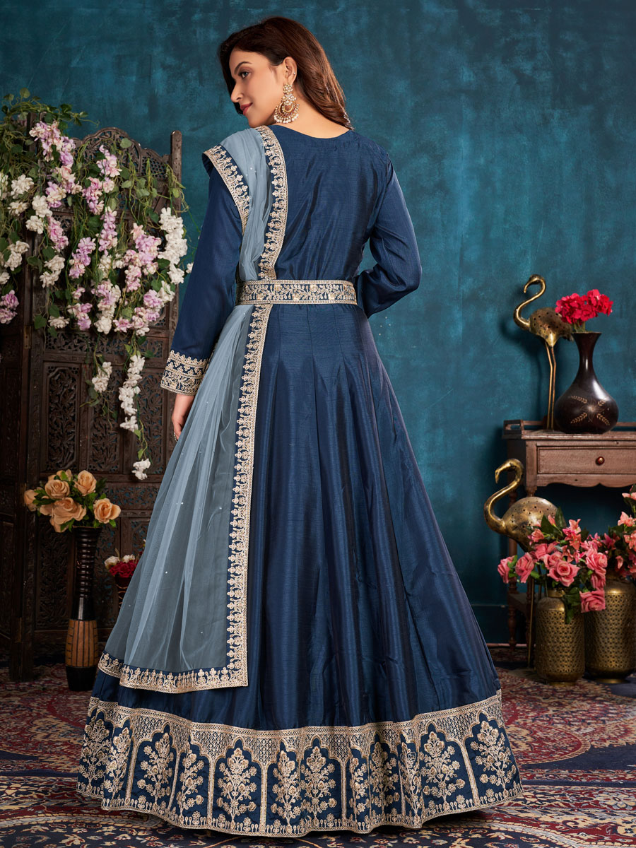 Midnight Blue Art Silk Embroidered Party And Wedding Lawn Kameez