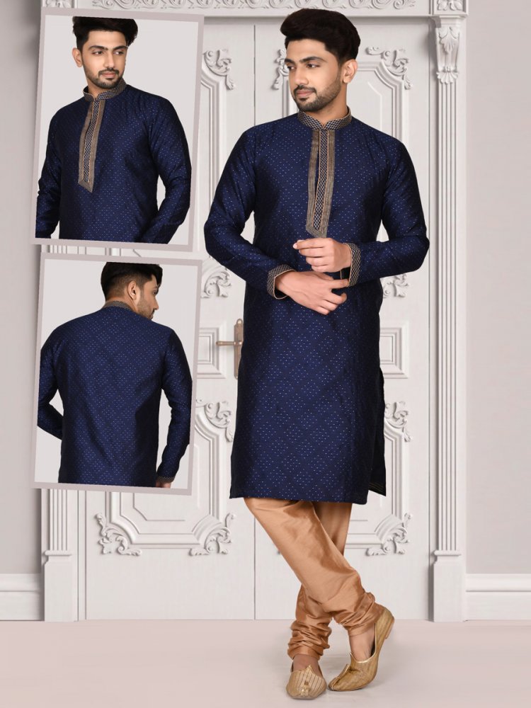 Midnight Blue Brocade Embroidered Festival Kurta