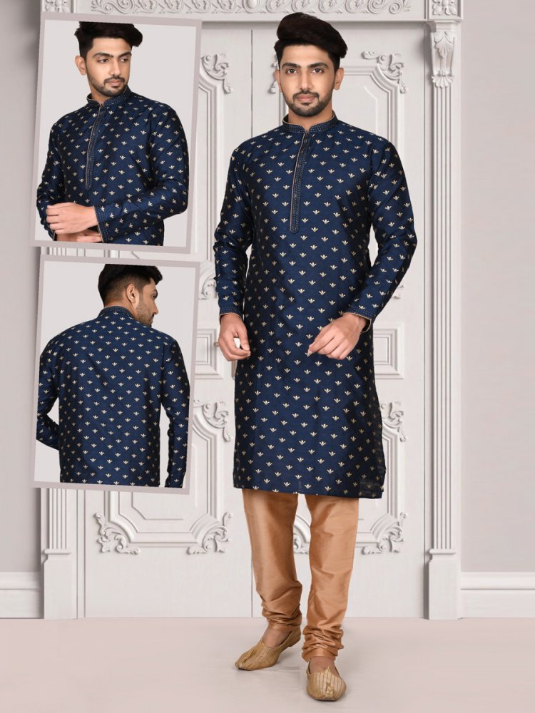 Midnight Blue Brocade Printed Festival Kurta