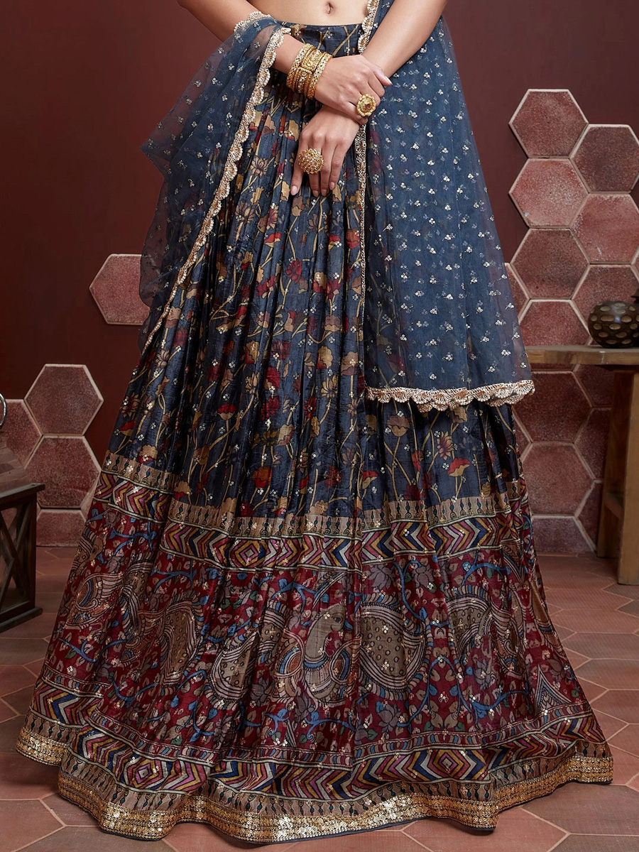 Midnight Blue Chinon Silk Embroidered Party Lehenga Choli