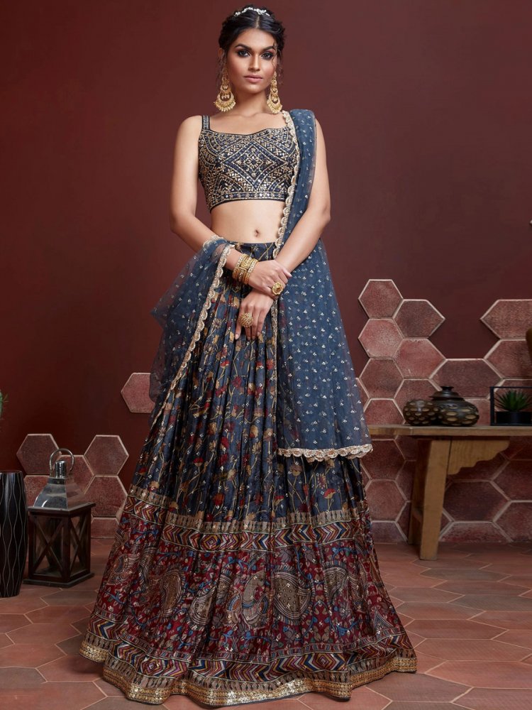 Midnight Blue Chinon Silk Embroidered Party Lehenga Choli