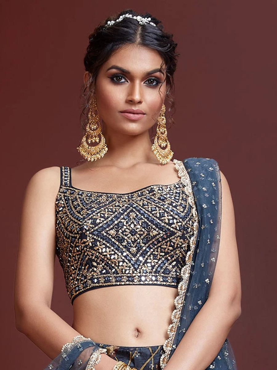 Midnight Blue Chinon Silk Embroidered Party Lehenga Choli