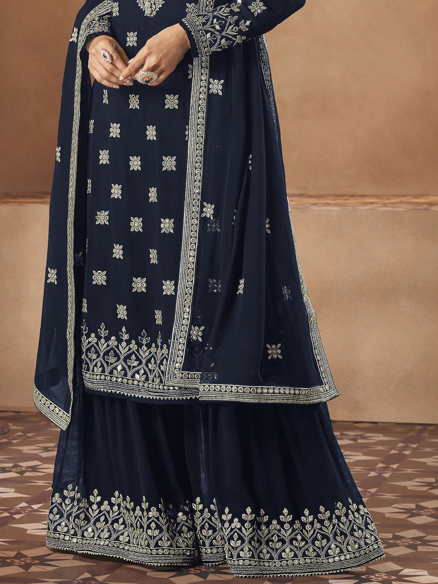 Midnight Blue Faux Georgette Embroidered Festival Palazzo Pant Kameez