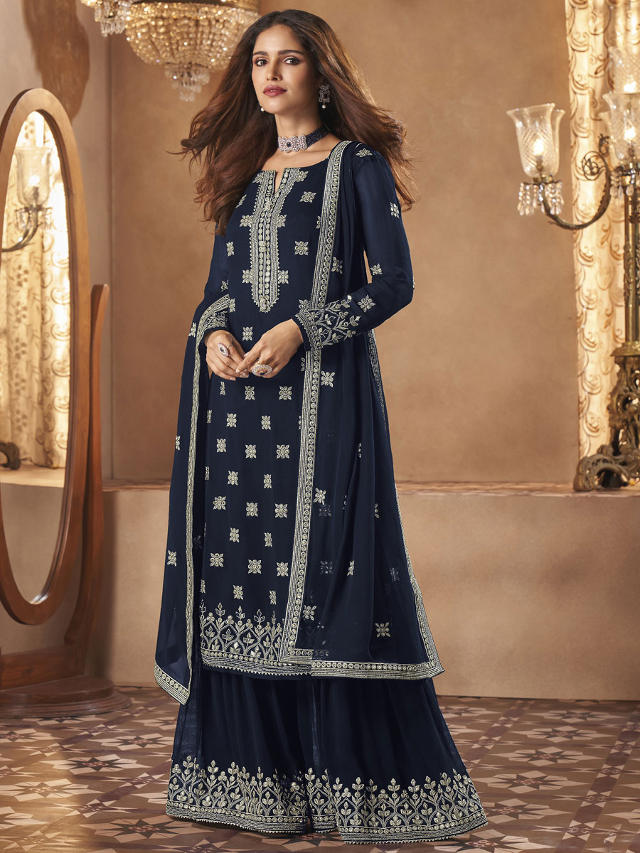 Midnight Blue Faux Georgette Embroidered Festival Palazzo Pant Kameez