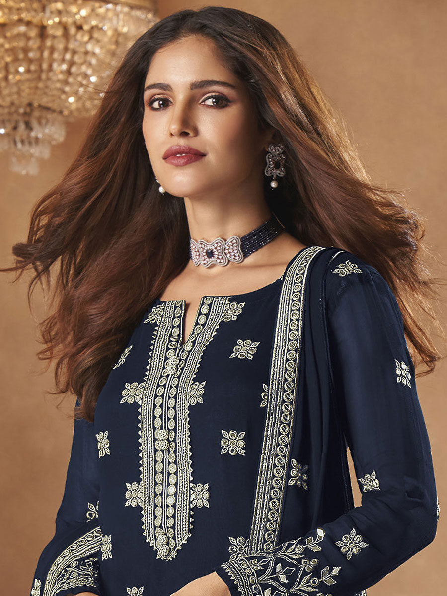 Midnight Blue Faux Georgette Embroidered Festival Palazzo Pant Kameez