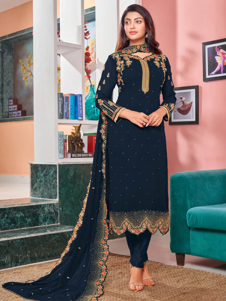 Midnight Blue Faux Georgette Embroidered Party Churidar Kameez